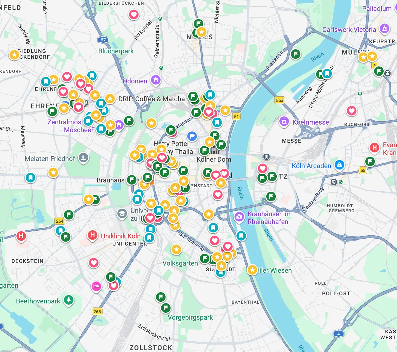 Ausschnitt unserer privaten Google-Maps-Karte von Köln: mehrere hundert selbst gesetzte Marker über Ehrenfeld, die Innenstadt, die Südstadt und Deutz.