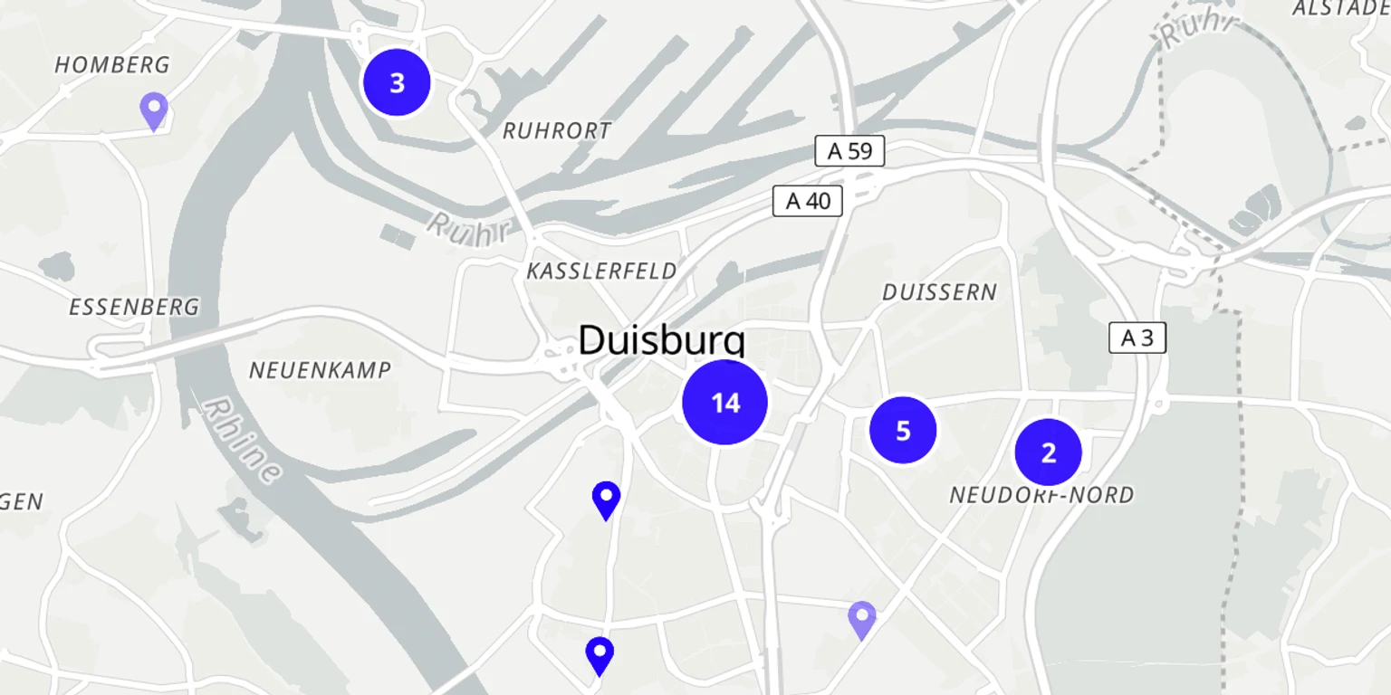 Karte von Duisburg mit den erfassten Orten